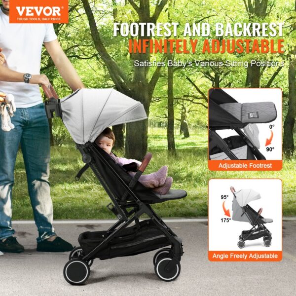 VEVOR Standard Baby Infant Stroller, Toddler Stroller with 95°-175° Adjustable Backrest & & 0/90°Adjustable Footrest & One-click Folding, Newborn Stroller with Cup Holder and Carry Bag, Light Grey