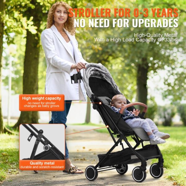 VEVOR Standard Baby Infant Stroller, Toddler Stroller with 95°-175° Adjustable Backrest & & 0/90°Adjustable Footrest & One-click Folding, Newborn Stroller with Cup Holder and Carry Bag, Light Grey