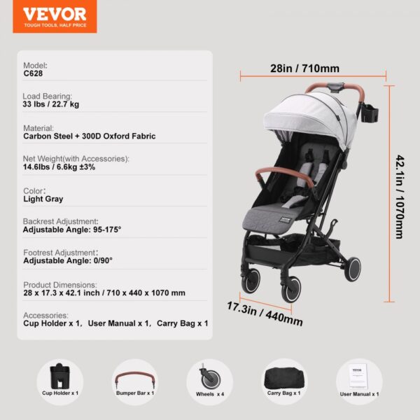 VEVOR Standard Baby Infant Stroller, Toddler Stroller with 95°-175° Adjustable Backrest & & 0/90°Adjustable Footrest & One-click Folding, Newborn Stroller with Cup Holder and Carry Bag, Light Grey