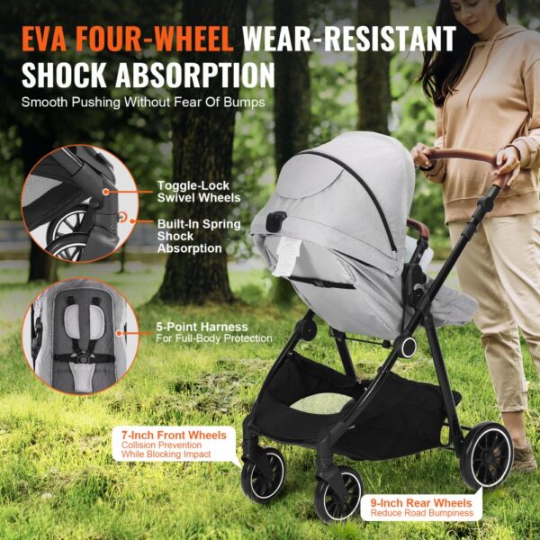 VEVOR Standard Baby Stroller, Infant Toddler Stroller with Bassinet, 3rd-Gear Adjustable Backrest & Foldable & Reversible Seat, Carbon Steel Newborn Stroller with Leg Cover and Mesh Net, Light Grey