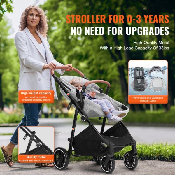 VEVOR Standard Baby Stroller, Infant Toddler Stroller with Bassinet, 3rd-Gear Adjustable Backrest & Foldable & Reversible Seat, Carbon Steel Newborn Stroller with Leg Cover and Mesh Net, Light Grey