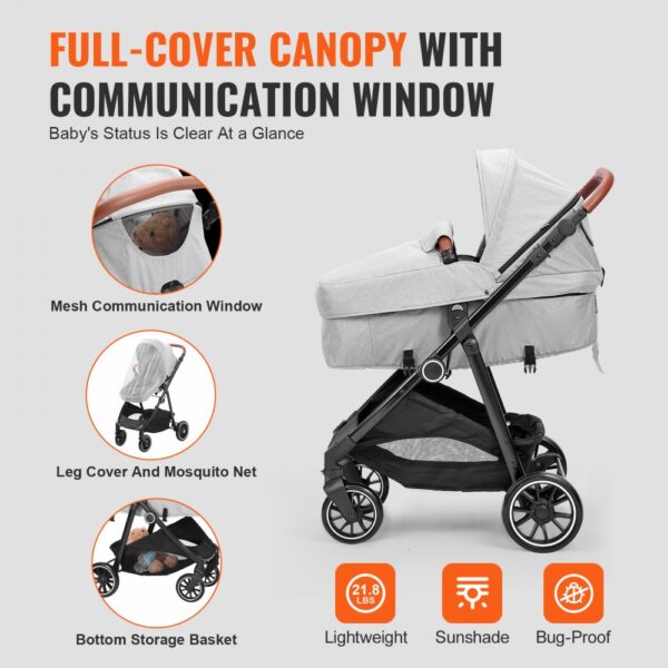 VEVOR Standard Baby Stroller, Infant Toddler Stroller with Bassinet, 3rd-Gear Adjustable Backrest & Foldable & Reversible Seat, Carbon Steel Newborn Stroller with Leg Cover and Mesh Net, Light Grey