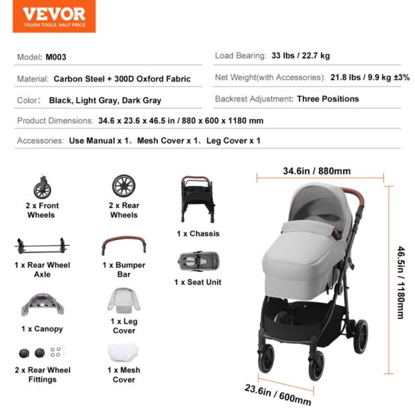 VEVOR Standard Baby Stroller, Infant Toddler Stroller with Bassinet, 3rd-Gear Adjustable Backrest & Foldable & Reversible Seat, Carbon Steel Newborn Stroller with Leg Cover and Mesh Net, Light Grey