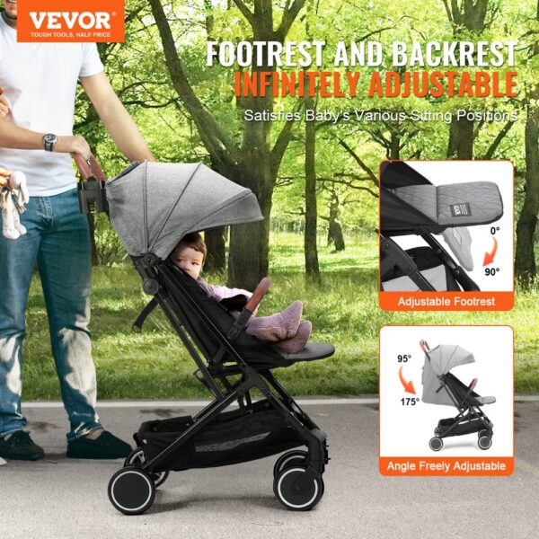 VEVOR Standard Baby Infant Stroller, Toddler Stroller with 95°-175° Adjustable Backrest & & 0/90°Adjustable Footrest & One-click Folding, Newborn Stroller with Cup Holder and Carry Bag, Dark Grey