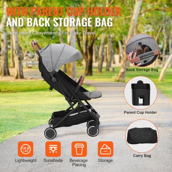 VEVOR Standard Baby Infant Stroller, Toddler Stroller with 95°-175° Adjustable Backrest & & 0/90°Adjustable Footrest & One-click Folding, Newborn Stroller with Cup Holder and Carry Bag, Dark Grey