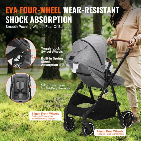 VEVOR Standard Baby Stroller, Infant Toddler Stroller with Bassinet, 3rd-Gear Adjustable Backrest & Foldable & Reversible Seat, Carbon Steel Newborn Stroller with Leg Cover and Mesh Net, Dark Grey