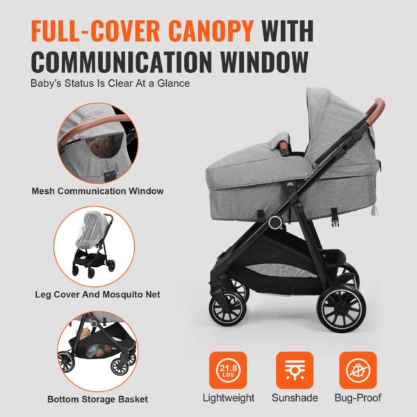 VEVOR Standard Baby Stroller, Infant Toddler Stroller with Bassinet, 3rd-Gear Adjustable Backrest & Foldable & Reversible Seat, Carbon Steel Newborn Stroller with Leg Cover and Mesh Net, Dark Grey