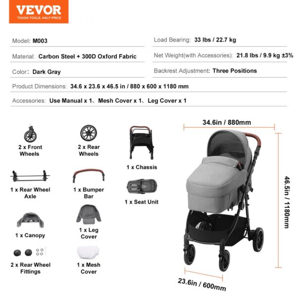 VEVOR Standard Baby Stroller, Infant Toddler Stroller with Bassinet, 3rd-Gear Adjustable Backrest & Foldable & Reversible Seat, Carbon Steel Newborn Stroller with Leg Cover and Mesh Net, Dark Grey