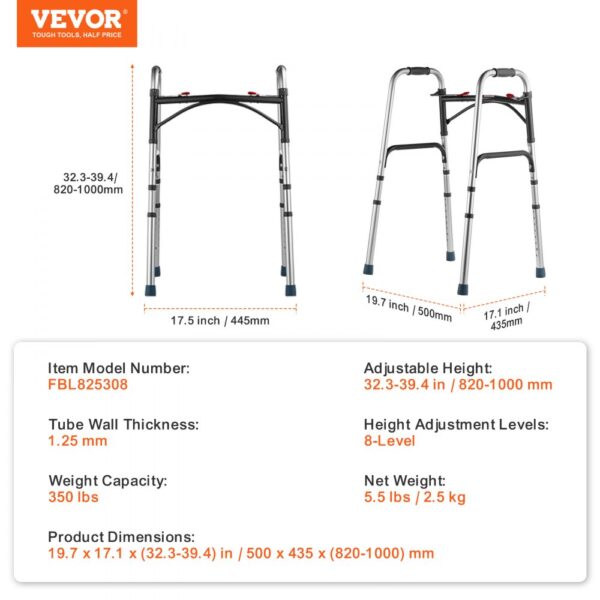 VEVOR folding walker: adjustable height 32.3-39.4 in, dimensions 19.7 x 17.1 in, weight capacity 350 lbs.