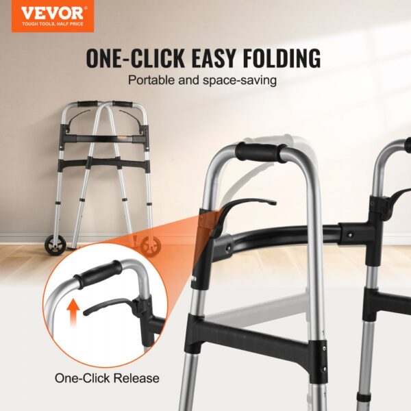 VEVOR folding walker with one-click easy folding feature; portable and space-saving design.