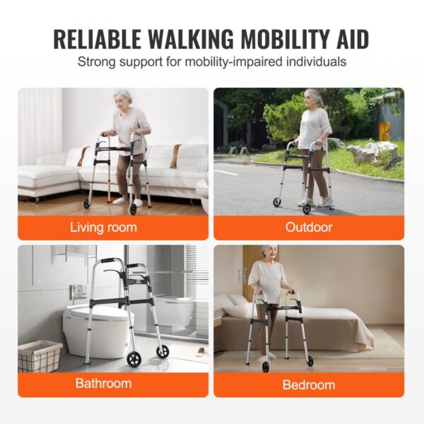 VEVOR folding walker used in living room, outdoor, bathroom, and bedroom by a person for mobility aid.