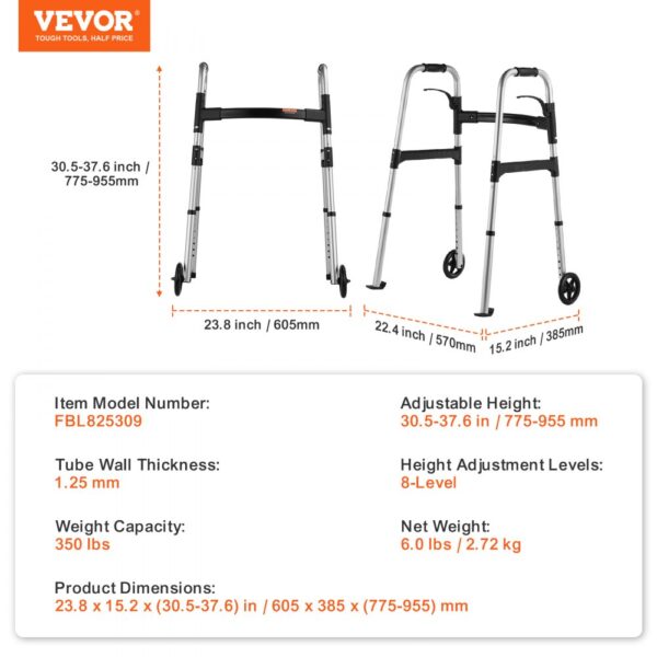 VEVOR folding walker specifications including adjustable height, weight capacity, and dimensions.