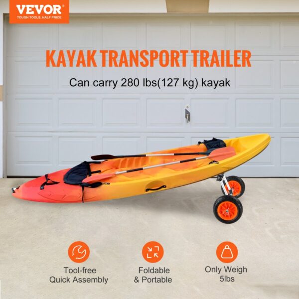 VEVOR heavy duty kayak cart showcasing kayak transport trailer, foldable, portable, tool-free assembly.