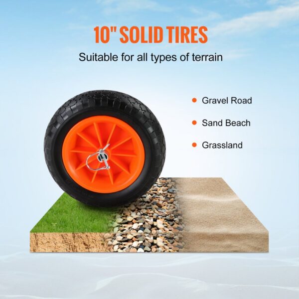 10" solid tire for the VEVOR heavy duty kayak cart displayed on grass, gravel, and sand surfaces.