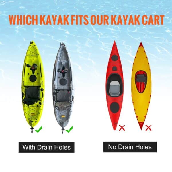 comparison of kayaks showcasing which types fit the VEVOR heavy duty kayak cart, highlighting drain holes.