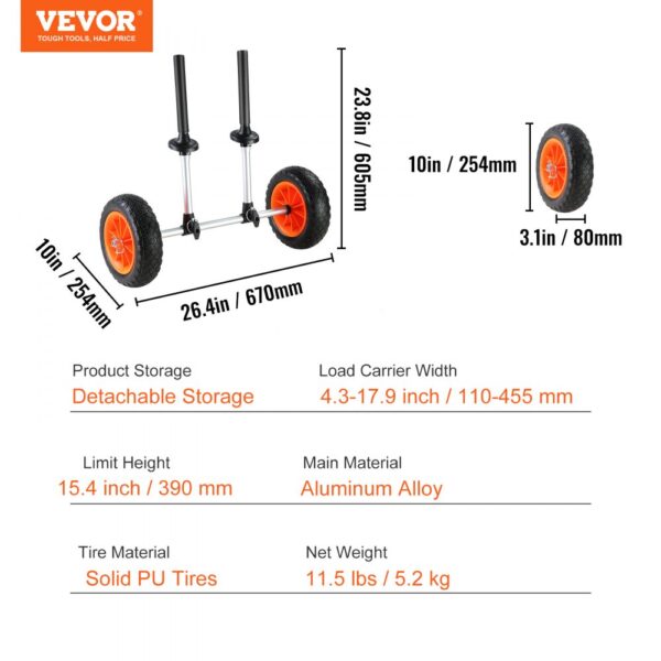 VEVOR heavy duty kayak cart with detachable storage, aluminum alloy, and solid pu tires.