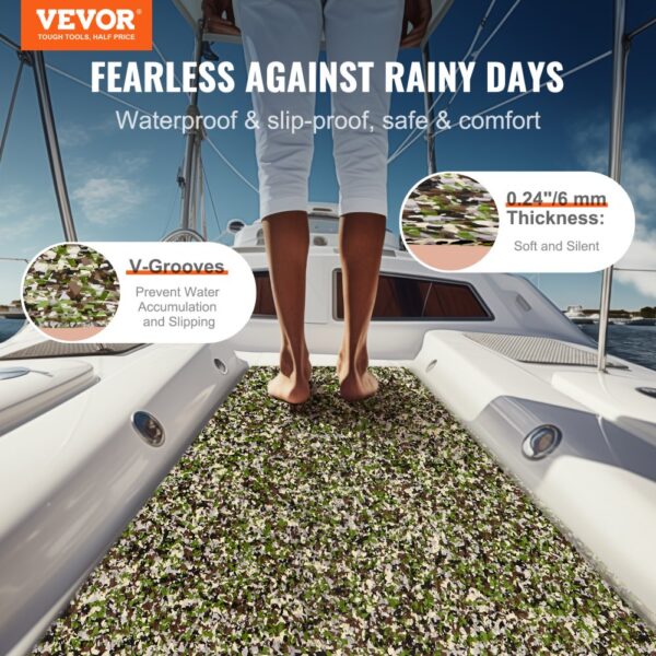 VEVOR boat flooring: waterproof, slip-proof, 0.24" thick, v-grooves prevent water accumulation.