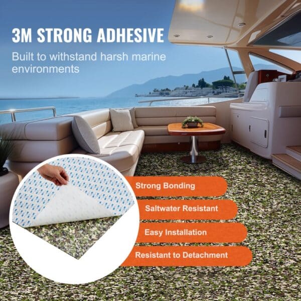 luxury boat interior with VEVOR boat flooring showcasing camo pattern, 3m adhesive, and marine durability.