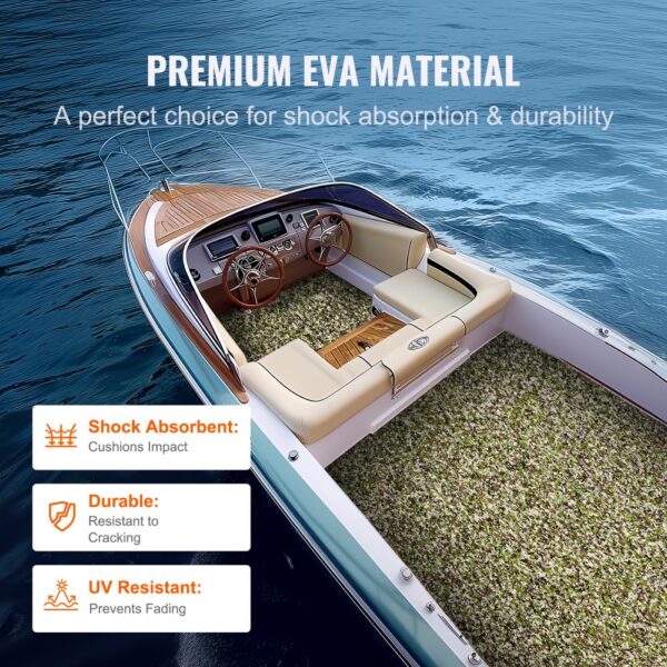 VEVOR boat flooring made from premium eva material shown on a luxury speedboat interior.