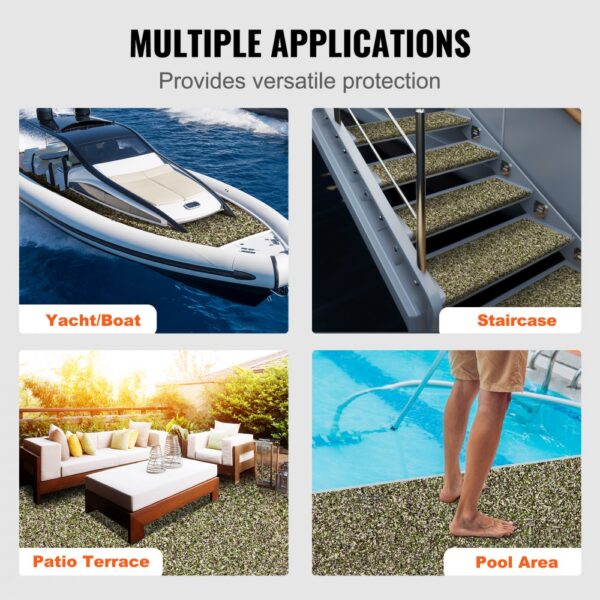 multiple applications of VEVOR boat flooring: yacht, staircase, patio terrace, and pool area. versatile protection.