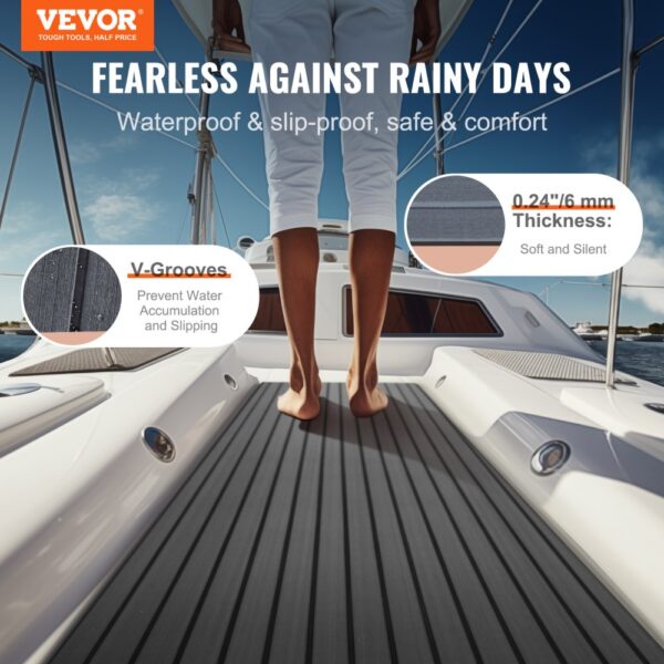 person standing on waterproof, slip-proof VEVOR boat flooring with v-grooves and 0.24" thickness.