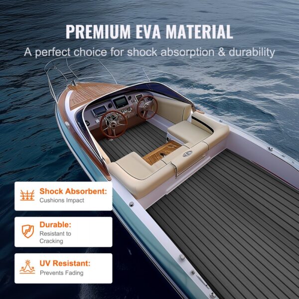 VEVOR boat flooring made of premium eva material in a stylish boat, showcasing shock absorbency and durability.