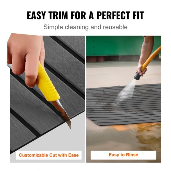 VEVOR boat flooring - easy to trim with a knife, simple to clean with hose, customizable fit, reusable.