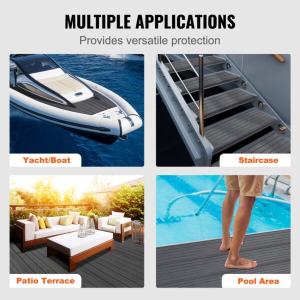 VEVOR boat flooring for yacht, staircase, patio terrace, and pool area applications.