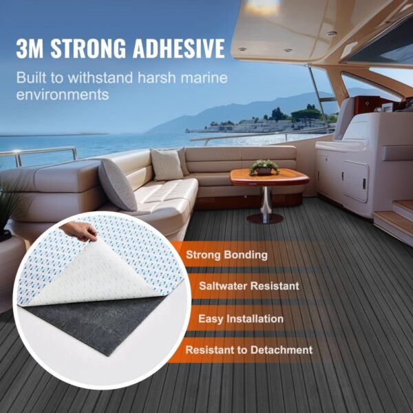 VEVOR boat flooring with 3m strong adhesive, showcasing saltwater resistance and easy installation.