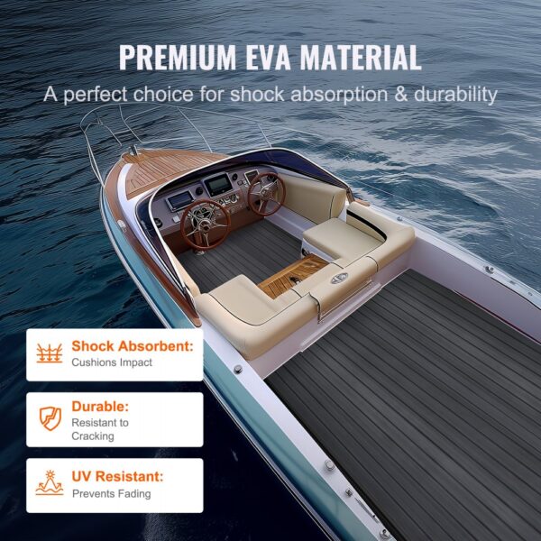 premium boat with VEVOR boat flooring showcasing shock absorbent, durable, uv resistant eva material.