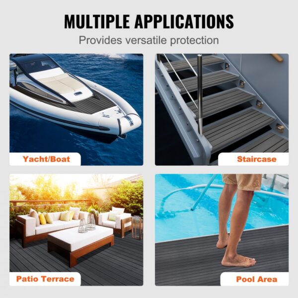 VEVOR boat flooring on yacht, staircase, patio terrace, and pool area providing versatile protection.