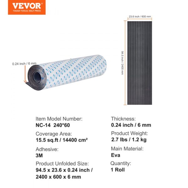 VEVOR boat flooring roll with dimensions, product details, and specifications listed in text.