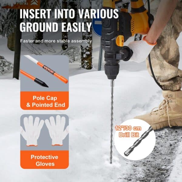 VEVOR Driveway Markers, 100PCS 48 inch, 0.31 inch Diameter, Orange Fiberglass Poles Snow Stakes with Reflective Tape, 12" Steel Drill Bit & Protection Gloves for Parking Lots, Walkways Easy Visibility