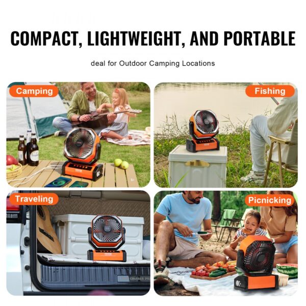 VEVOR 228.6mm Portable Fan Rechargeable with LED Lantern 4 Speeds Swivel Timer