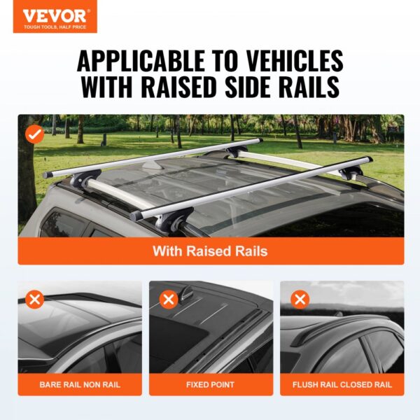 VEVOR roof rack cross bars compatible with raised side rails on vehicles, not for bare or flush rails.