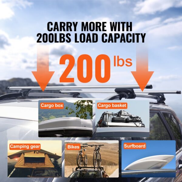 VEVOR roof rack cross bars: carry up to 200lbs, ideal for cargo boxes, baskets, bikes, surfboards, camping gear.