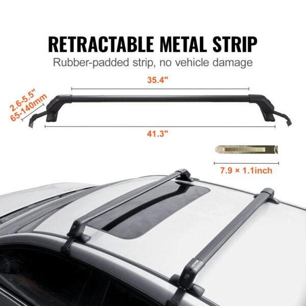 VEVOR roof rack cross bars on car roof with retractable metal strip, rubber-padded for no damage.