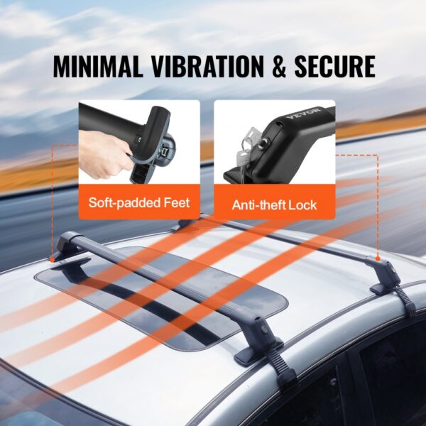 minimal vibration & secure: VEVOR roof rack cross bars with soft-padded feet and anti-theft lock.