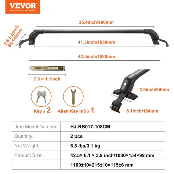 VEVOR roof rack cross bars with dimensions, weight, tools, and two keys included.