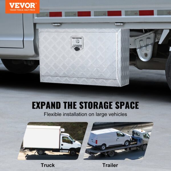 VEVOR underbody truck box installed under a truck, highlighting expandable storage space for large vehicles.