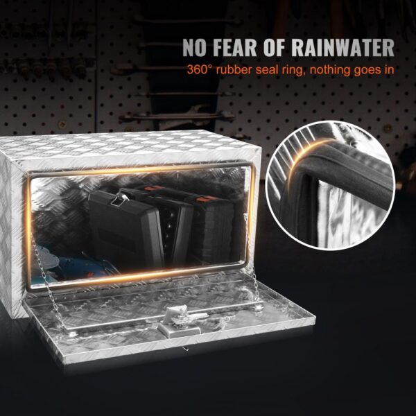 VEVOR underbody truck box with 360-degree rubber seal ring for rainwater protection.