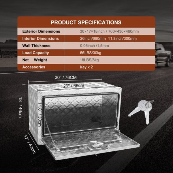 VEVOR underbody truck box with dimensions, load capacity, weight, and included keys on a roadside background.