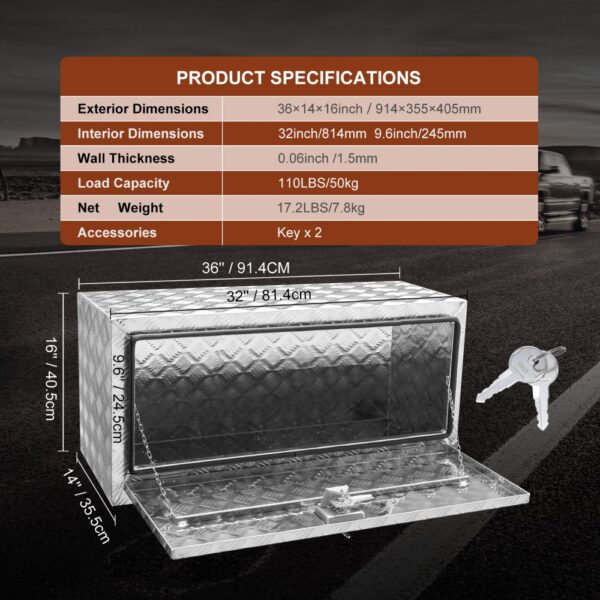 VEVOR underbody truck box dimensions and specs with keys for secure storage. measures 36" x 14" x 16".