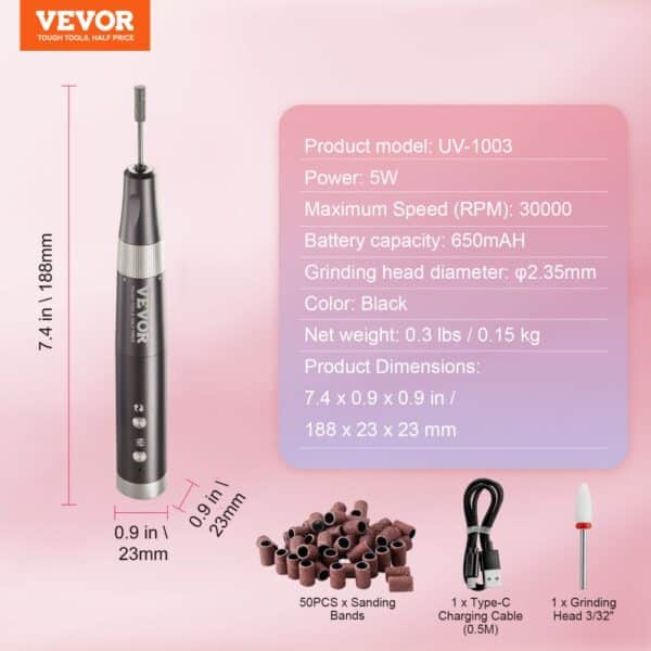 VEVOR Electric Cordless Nail Drill 30000RPM Rechargeable Nail E File Machine