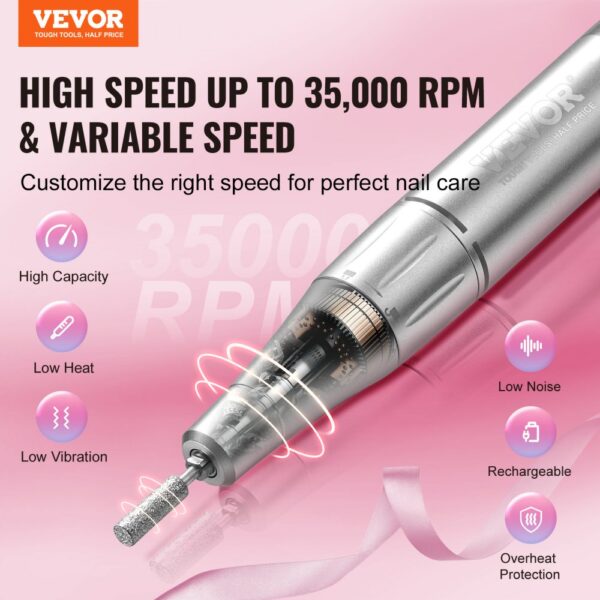 VEVOR nail drill with variable speed up to 35,000 rpm, high capacity, low heat, low noise, and rechargeable.