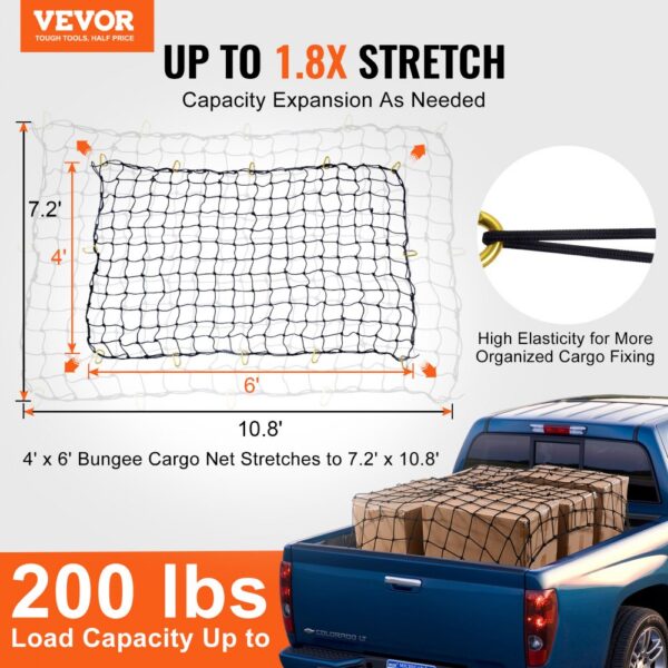 VEVOR Cargo Net Heavy Duty Bungee Cargo Net 7.2' x 10.8' Stretchable for Trucks