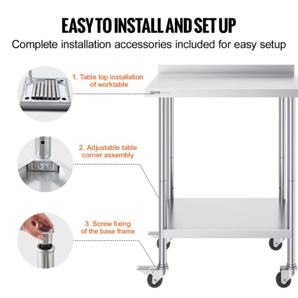 VEVOR stainless steel work table installation guide with tabletop, corner assembly, and base frame screw fix.