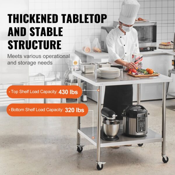 chef using VEVOR stainless steel work table in kitchen, showcasing durability and load capacity details.