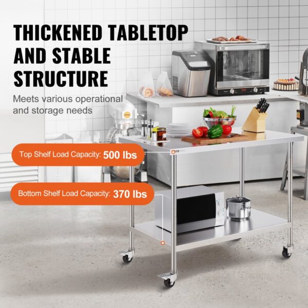 VEVOR Stainless Steel Work Table Commercial Prep Table 30x48 Inch With 4 Casters