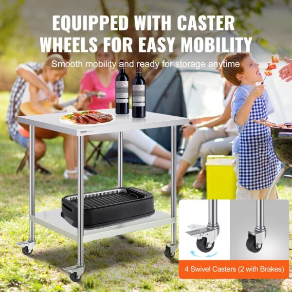 VEVOR stainless steel work table with caster wheels in an outdoor family picnic setting.